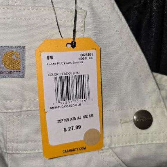 NWT Carhartt Toddler Loose Fit Canvas Shortall Lt Beige Size 6M - Picture 3 of 3